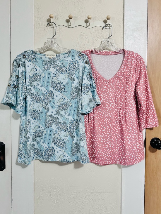 Above And Beyond Tops - Two Blouses Aqua Paisley Grommet Sleeve & Pink Polka Dot V-neck NWT
